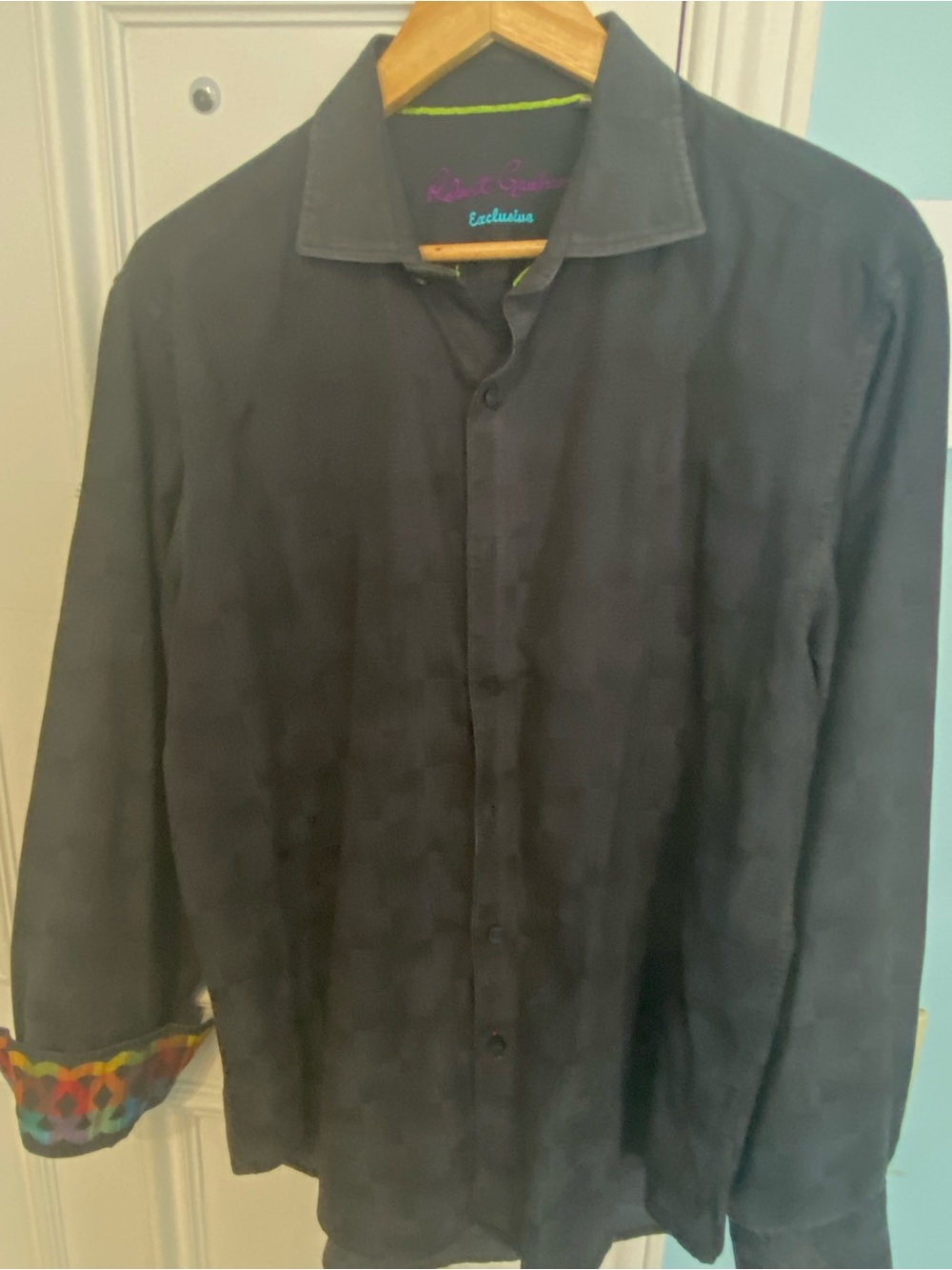 Robert Graham Black Button-Down Shirt w/ Multicolor Cuff Accents Exclusive Large
